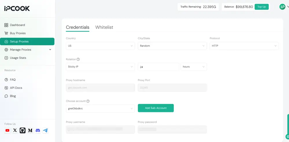 IPcook setup proxies dashboard